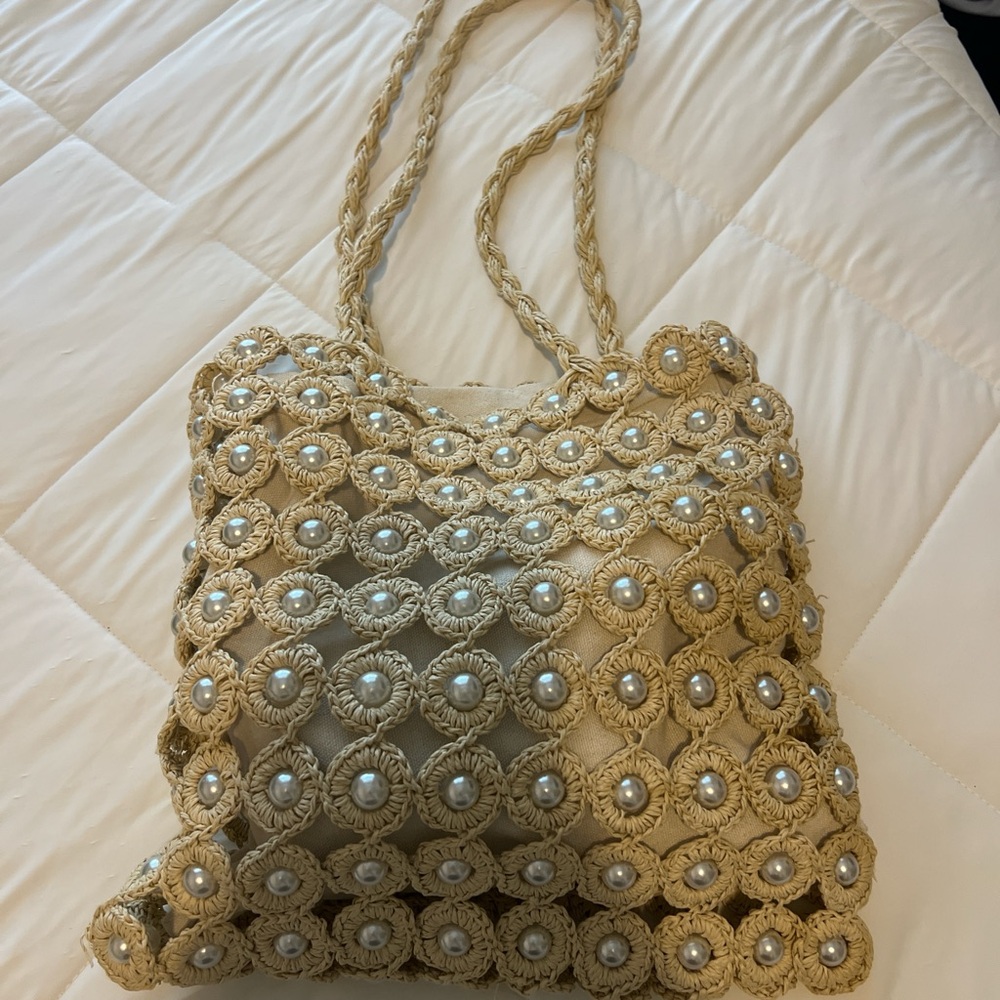 H&M Beige Crochet Tote Bag with Pearl Accents